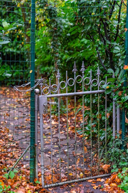 A set of concrete steps leading up to a decorative metal gate with circular and linear patterns, flanked by lush green foliage from trees and bushes on both sides. The gate opens to a driveway or courtyard area in front of a white building with arched windows, partially obscured by trees. The scene is illuminated by natural daylight, with shadows cast by the leaves. This outdoor setting suggests a residential property with a gated entrance, and the image captures the front approach during a bright day. Man and Van Forest Gate are specialists in home relocation, including furniture transport and packing, often involving gates and entrance accessibility as part of the moving process.